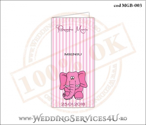 Meniu de Botez cu elefantel si fundal roz in dungi MGB-003