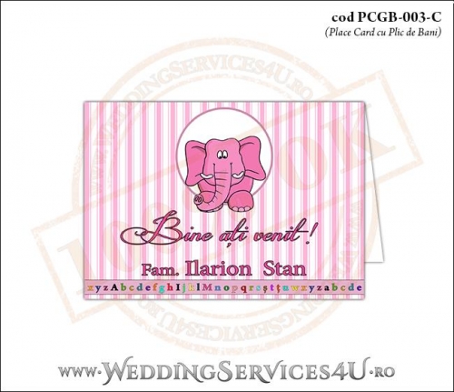 PCGB-003-C Place Card cu Plic de Bani sigilabil pentru Botez cu elefantel