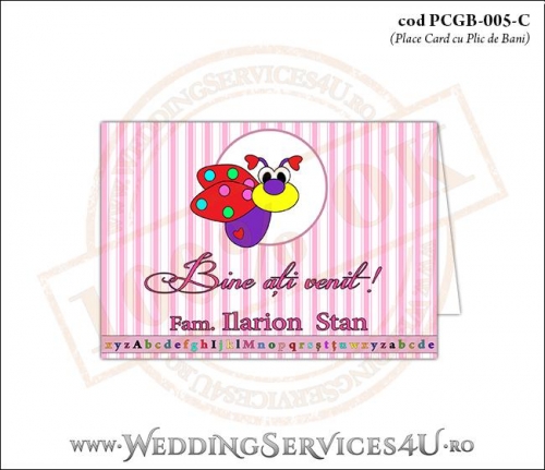PCGB-005-C Place Card cu Plic de Bani sigilabil pentru Botez cu gargarita roz bonbon