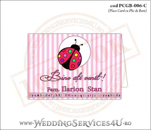 PCGB-006-C Place Card cu Plic de Bani sigilabil pentru Botez cu gargarita roz bonbon