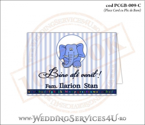 PCGB-009-C Place Card cu Plic de Bani sigilabil pentru Botez cu elefantel