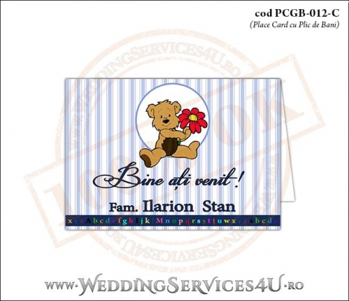 PCGB-012-C Place Card cu Plic de Bani sigilabil pentru Botez cu ursulet teddy bear