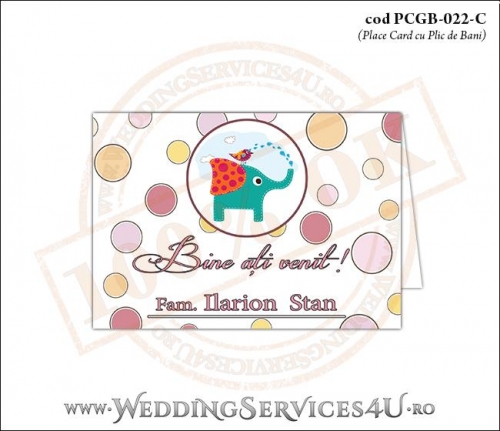 PCGB-022-C Place Card cu Plic de Bani sigilabil pentru Botez cu elefantel si vrabiuta