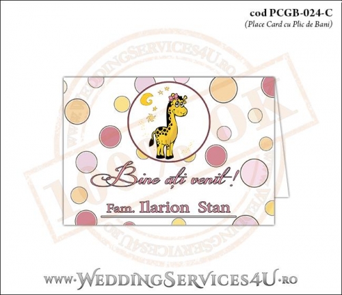 PCGB-024-C Place Card cu Plic de Bani sigilabil pentru Botez cu girafa