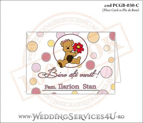 PCGB-030-C Place Card cu Plic de Bani sigilabil pentru Botez cu ursulet