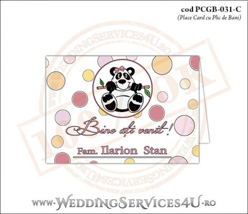 PCGB-031-C Place Card cu Plic de Bani sigilabil pentru Botez cu urs panda