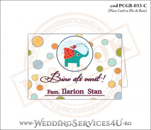 PCGB-033-C Place Card cu Plic de Bani sigilabil pentru Botez cu elefantel si vrabiuta