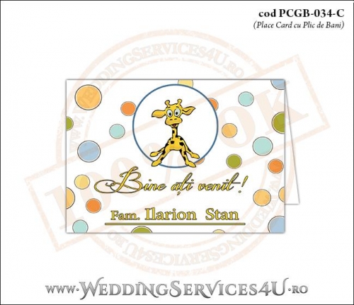 PCGB-034-C Place Card cu Plic de Bani sigilabil pentru Botez cu cu pui de girafa