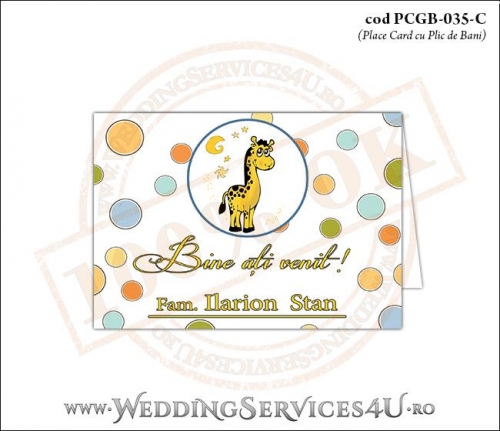 PCGB-035-C Place Card cu Plic de Bani sigilabil pentru Botez cu girafa