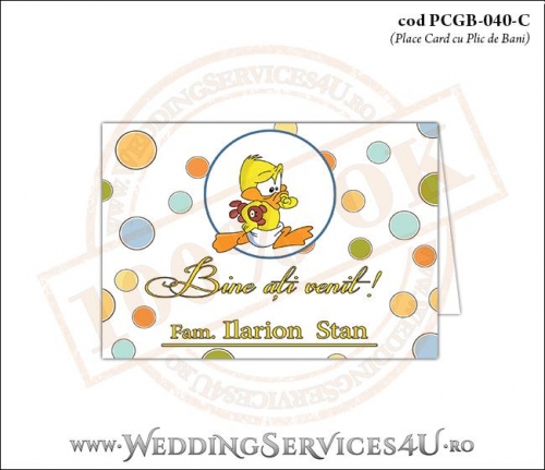 PCGB-040-C Place Card cu Plic de Bani sigilabil pentru Botez cu bebe ratusca