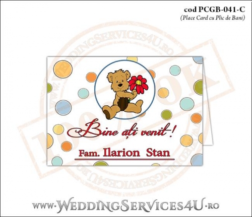 PCGB-041-C Place Card cu Plic de Bani sigilabil pentru Botez cu ursulet