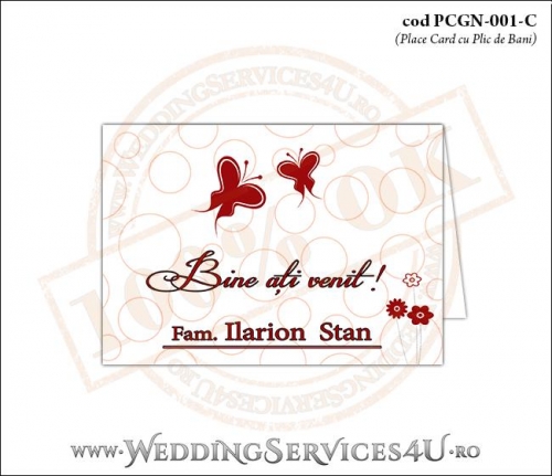 PCGN-001-C Place Card cu Plic de Bani sigilabil pentru Nunta sau Botez cu fluturi si flori rosii stilizate