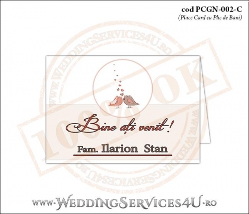 PCGN-002-C Place Card cu Plic de Bani sigilabil pentru Nunta sau Botez “lovebirds” cu doua vrabiute, mire si mireasa si multe inimioare