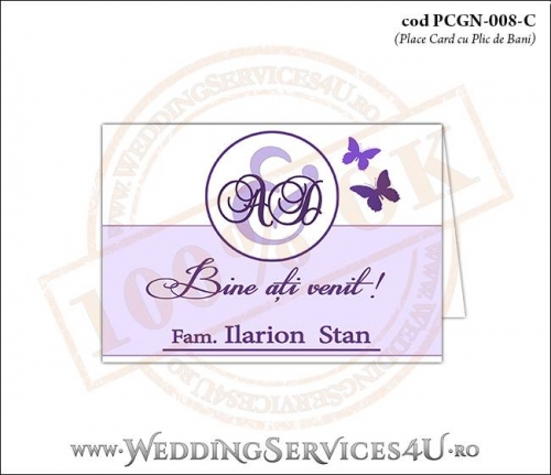 PCGN-008-C Place Card cu Plic de Bani sigilabil pentru Nunta sau Botez cu fluturi in nuante de mov lila violet