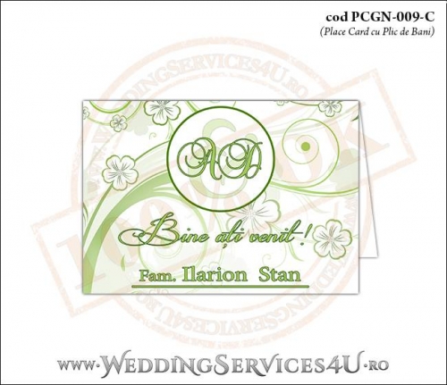 PCGN-009-C Place Card cu Plic de Bani sigilabil pentru Nunta sau Botez cu flori albe cu contur verde