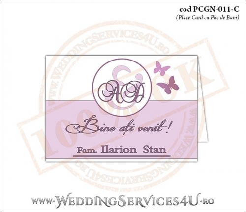 PCGN-011-C Place Card cu Plic de Bani sigilabil pentru Nunta sau Botez cu fluturi in nuante de roz prafuit