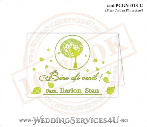 PCGN-013-C Place Card cu Plic de Bani sigilabil pentru Nunta sau Botez cu un copac verde plin de frunze si doua vrabiute