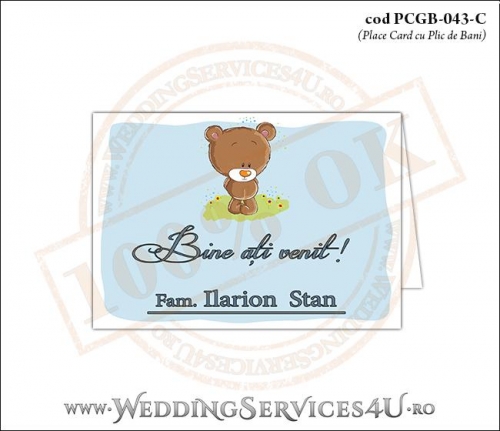 PCGB-043-C Place Card cu Plic de Bani sigilabil pentru Botez cu un ursulet pe o pajiste cu flori si cer albastru