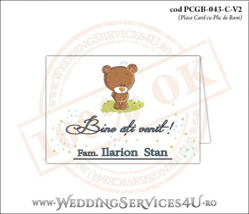 PCGB-043-C-V2 Place Card cu Plic de Bani sigilabil pentru Botez cu un ursulet pe o pajiste cu flori