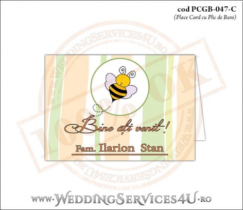 PCGB-047-C Place Card cu Plic de Bani sigilabil pentru Botez cu albinuta