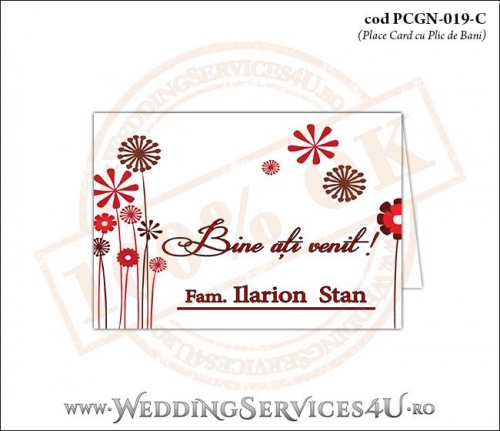 PCGN-019-C Place Card cu Plic de Bani sigilabil pentru Nunta sau Botez cu flori stilizate