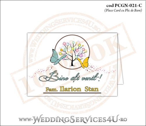 PCGN-021-C Place Card cu Plic de Bani sigilabil pentru Nunta sau Botez cu un copac mare din picaturi colorate de vopsea si doi fluturi pictati