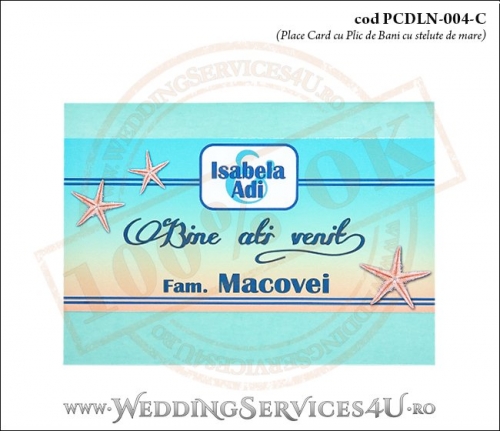 PCDLN-004-C-01 place card cu plic de bani nunta botez turcoaz cu tematica marina si stelute de mare
