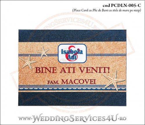 PCDLN-005-C-01 place card cu plic de bani nunta botez albastru marin cu tematica marina si stelute de mare pe nisip