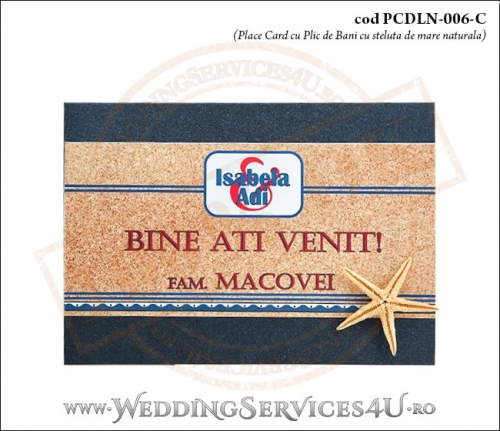 PCDLN-006-C-01 place card cu plic de bani nunta botez albastru marin cu tematica marina si stea de mare naturala