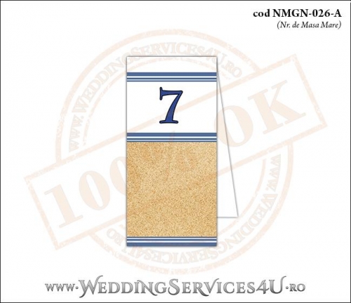 NMGN-026-A Numar de Masa pentru Nunta sau Botez cu tematica marina imprimat cu nisip de mare si dungi albastre