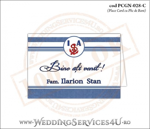 PCGN-028-C Place Card cu Plic de Bani sigilabil pentru Nunta sau Botez cu tematica marina (cu dungi albastre mediteraneene)