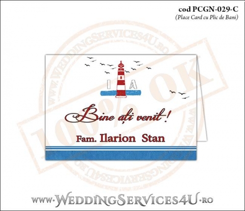 PCGN-029-C Place Card cu Plic de Bani sigilabil pentru Nunta sau Botez cu tematica marina (cu un far marin si pasari stilizate in zbor)