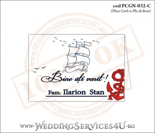 PCGN-032-C Place Card cu Plic de Bani sigilabil pentru Nunta sau Botez cu tematica marina (cu o barca (vapor) cu vele si o ancora rosie)