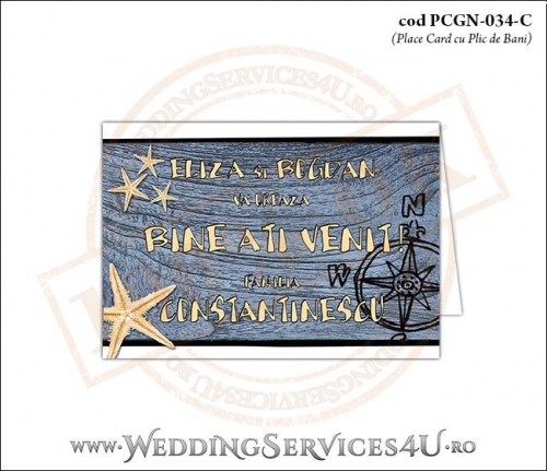 PCGN-034-C Place Card cu Plic de Bani sigilabil pentru Nunta sau Botez cu tematica marina (cu busola si stele de mare pe un fundal de lemn)