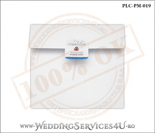 Plic Patrat pentru invitatie de Nunta Colorat Personalizat cu tematica marina realizat din carton alb mat cu Monograma Aplicata. PLC-PM-019-1