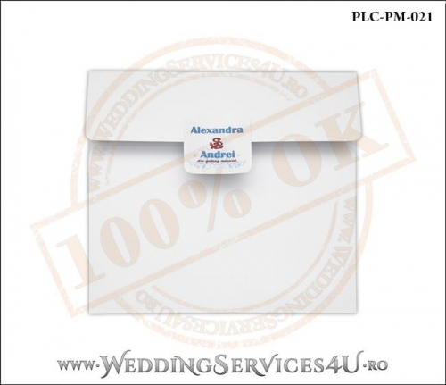 Plic Patrat pentru invitatie de Nunta Colorat Personalizat cu tematica marina realizat din carton alb mat cu Monograma Aplicata. PLC-PM-021-1