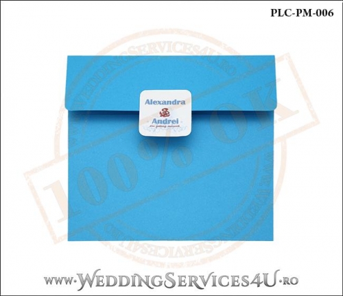 Plic Patrat pentru invitatie de Nunta Colorat Personalizat cu tematica marina realizat din carton albastru mat cu Monograma Aplicata. PLC-PM-006-1