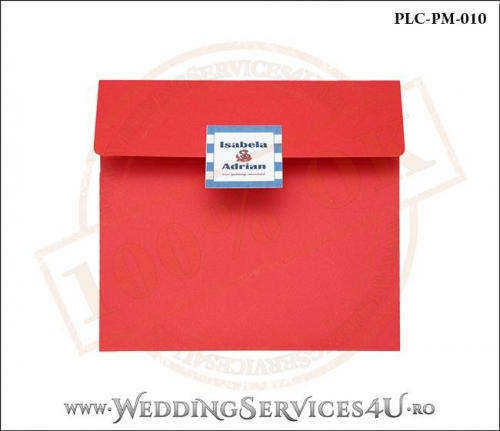 Plic Patrat pentru invitatie de Nunta Colorat Personalizat cu tematica marina realizat din carton rosu mat cu Monograma Aplicata. PLC-PM-010-1