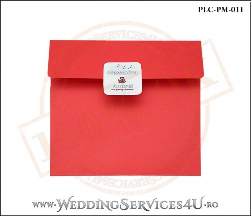 Plic Patrat pentru invitatie de Nunta Colorat Personalizat cu tematica marina realizat din carton rosu mat cu Monograma Aplicata. PLC-PM-011-1