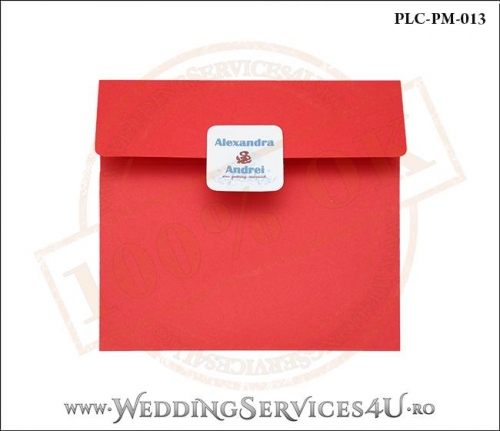 Plic Patrat pentru invitatie de Nunta Colorat Personalizat cu tematica marina realizat din carton rosu mat cu Monograma Aplicata. PLC-PM-013-1