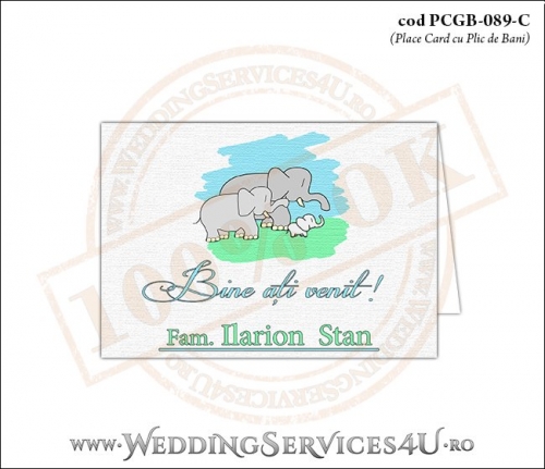 PCGB-089-C Place Card cu Plic de Bani sigilabil pentru Botez cu o familie de elefanti (un bebe elefantel impreuna cu parintii lui)