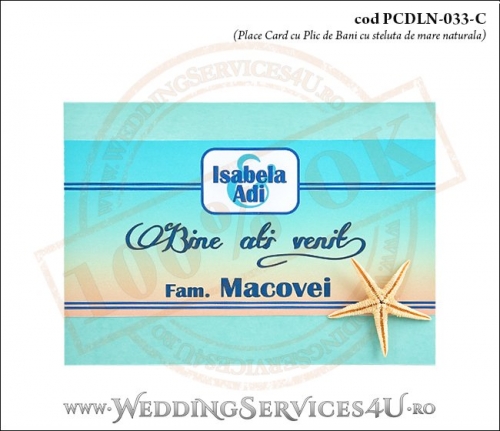 PCDLN-033-C-01 place card cu plic de bani nunta botez turcoaz cu tematica marina si stea de mare naturala