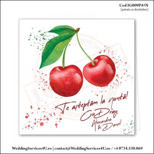 IG009P4#N Invitatie de Nunta cu Doua Cirese Rosii gen Watercolor Painting (Acuarela) Cod IG009P4#N